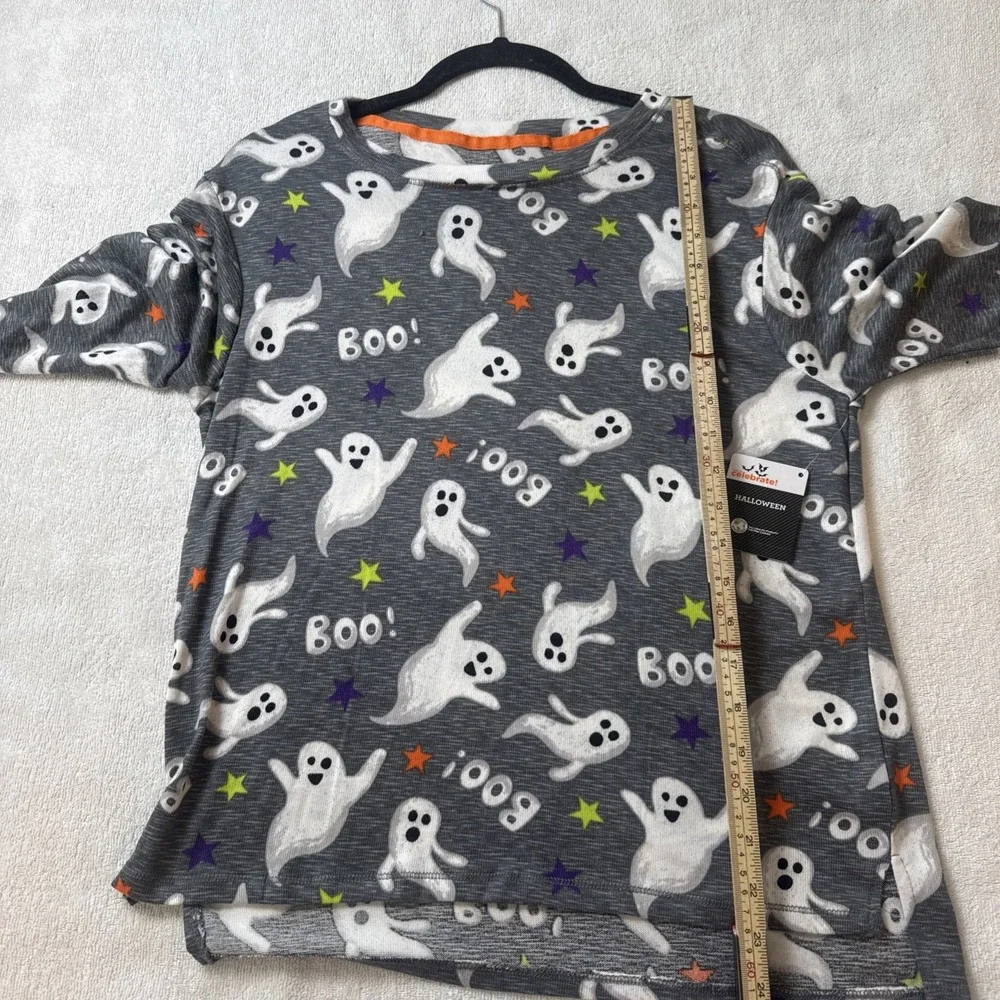 NWT Womens Small Halloween Ghost Pajama Top Boo Gray Orange Stars Sleepwear